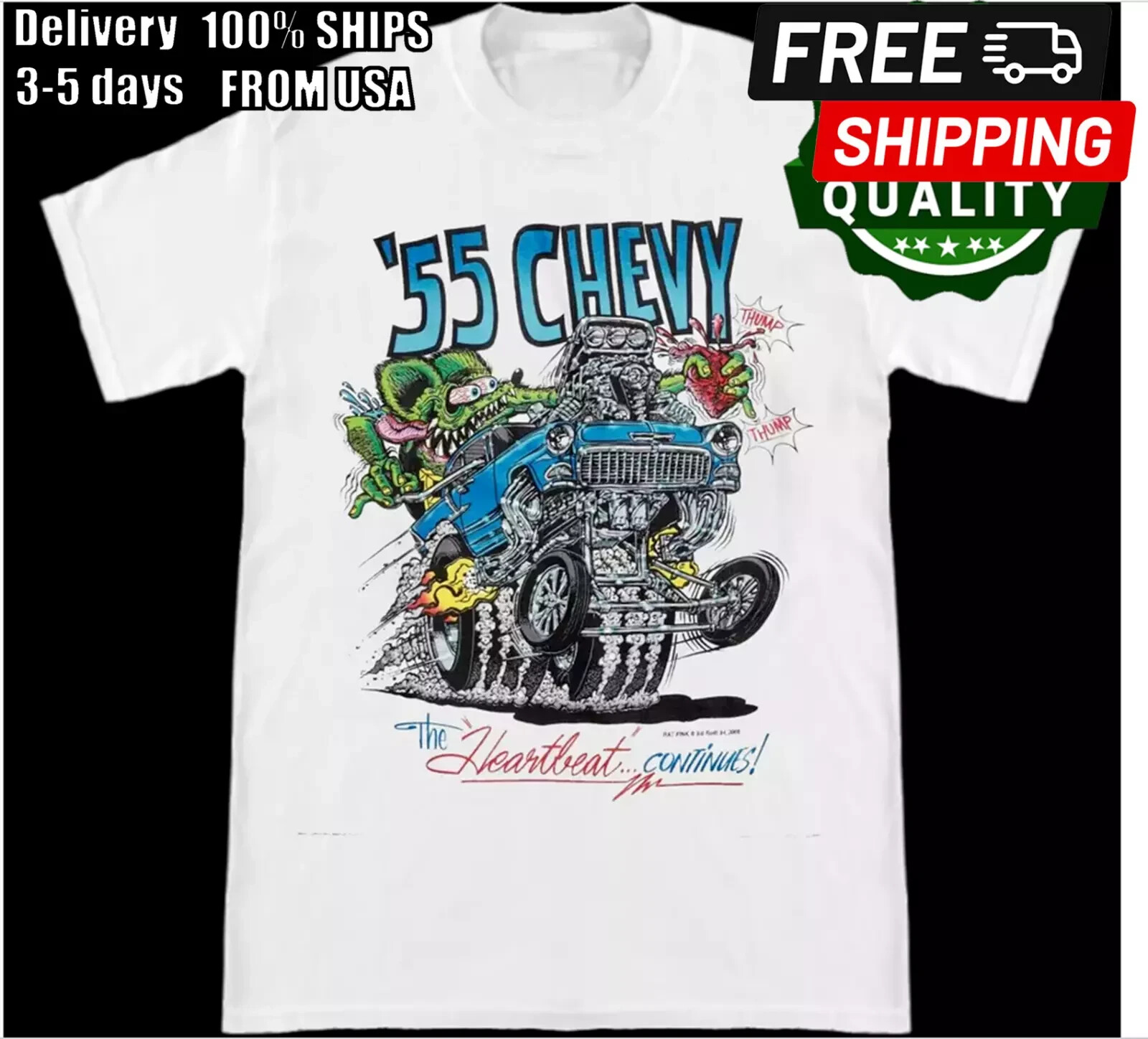 Ed Big Daddy Roth Rat Fink '55 Chevy Hot Rod White Cotton T-Shirt