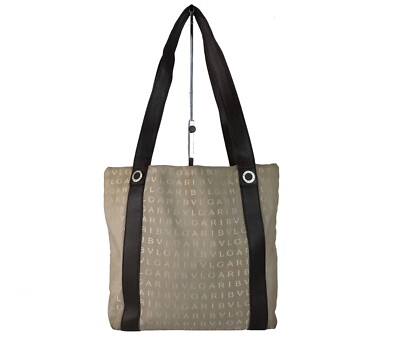 BVLGARI Logo Tan Brown Canvas & Leather Tote Hand Bag Shoulder Bag