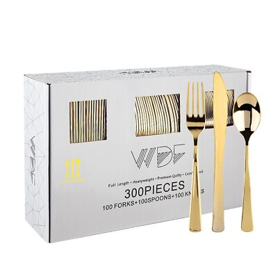 WDF300 Pieces Gold Plastic Silverware Disposable Gold Cutlery, Silverware Set...