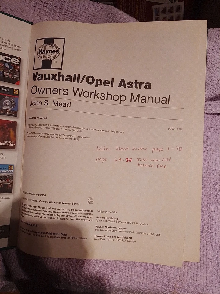 Vauxhall Astra Opel Haynes Manual DIESEL 2004 TO 2008 book - Image 4 of 4