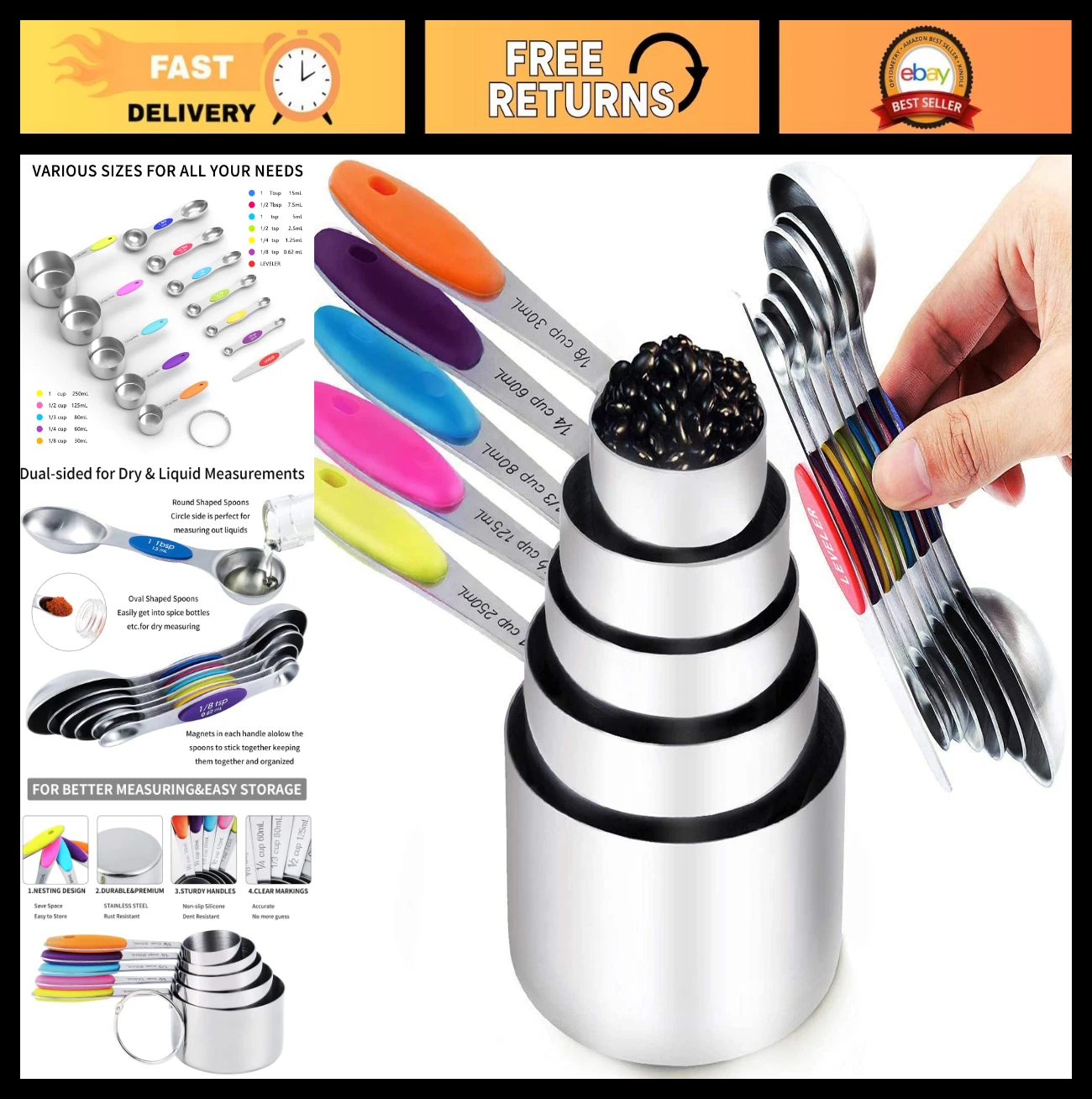 Stainless Steel Measuring Cups & Magnetic Measuring Spoons Set - 12 Pieces, Doub