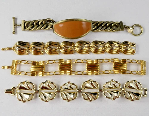 Vintage Bracelet Jewelry Lot 4 All Signed MONET TRIFARI CORO LOFT Gold Tone