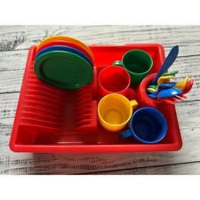 Pretend Play Colorful Plastic Cups Dishes Silverware and Drying Rack Set