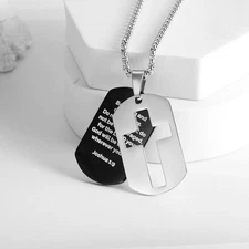 Dog Tag Necklace for Men Bible Verse Cross Pendant Stainless Steel Chain 24Inch