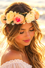 Women Handmade Floral Flower Crown Headband Pink Ivory bow Wedding, One Size