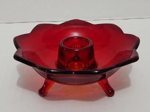 Vintage Fenton 848 Ruby/ Ruby Red Lotus Flower 3 Toed Candle Holder