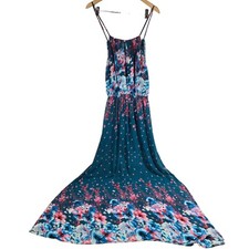Fate Floral Maxi Dress Teal Blue Pink Spaghetti Strap Elastic Waist M Halter