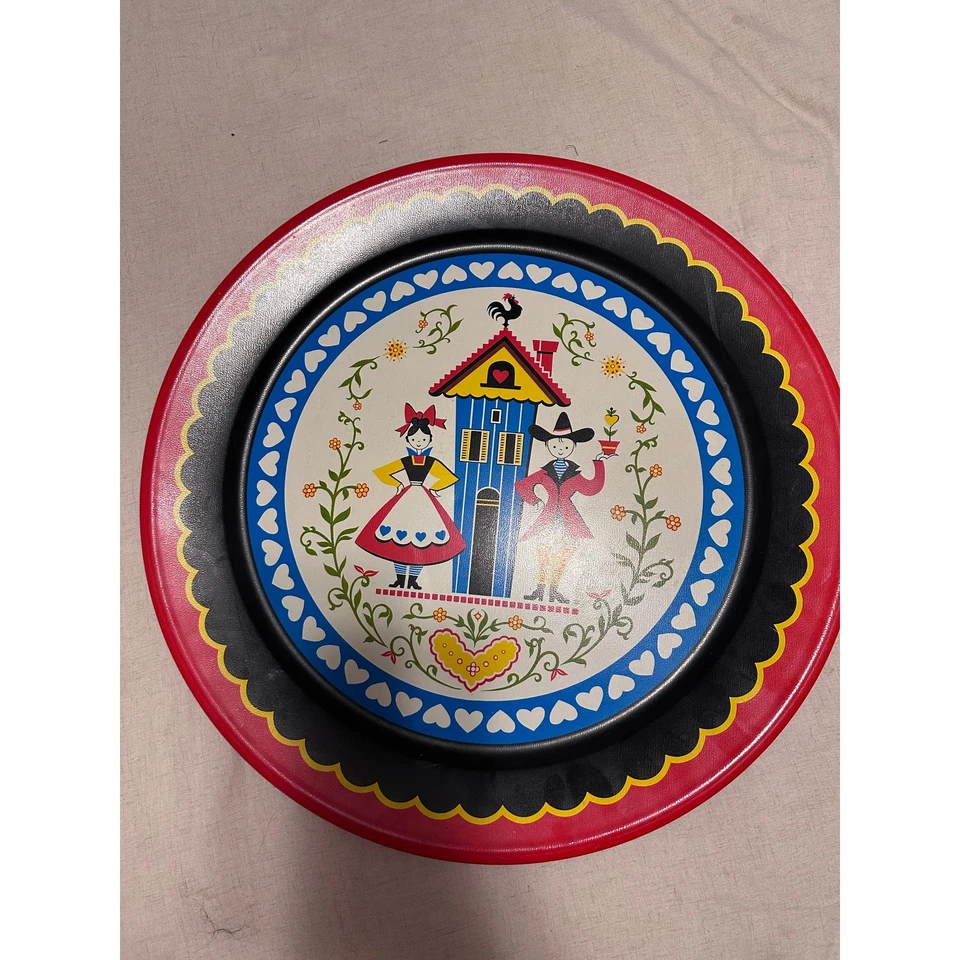 Pennsylvania Dutch Folk Art XL Decorative Round Tin Platter Vintage - Image 2 of 4