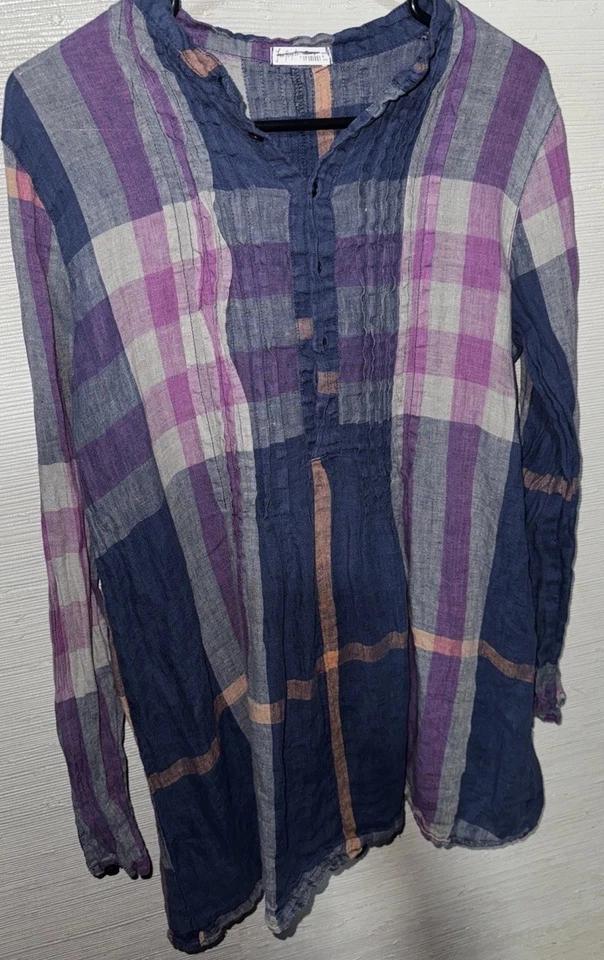 VESTIDO TÚNICA FREE PEOPLE X CP SHADES AZUL MARINO A CUADROS PLISADO YOKO ALGODÓN XS Lino Foto 4 de 4