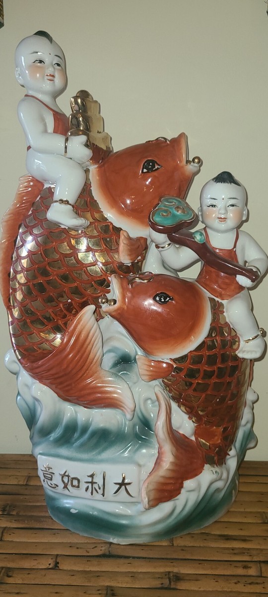 Vtg. Asian Boys Riding Coral Koi Carp Fish Feng Shui Statue 20.5