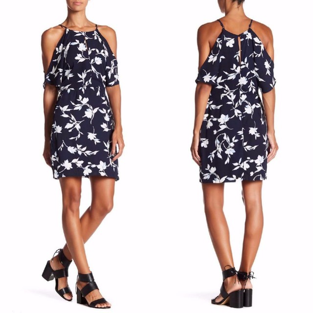 NEW Adelyn Rae ANTHROPOLOGIE Navy FLORAL Cold Shoulder POCKET Shift