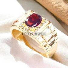 Garnet Oval Cut With 925 Sterling Silver Gold Plated Ring For Men's #A340