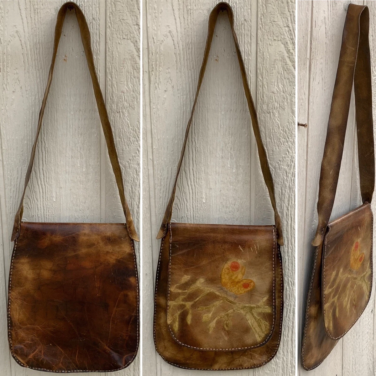 leather hippy shoulder bag butterfly front flap purse vintage boho hippie chic