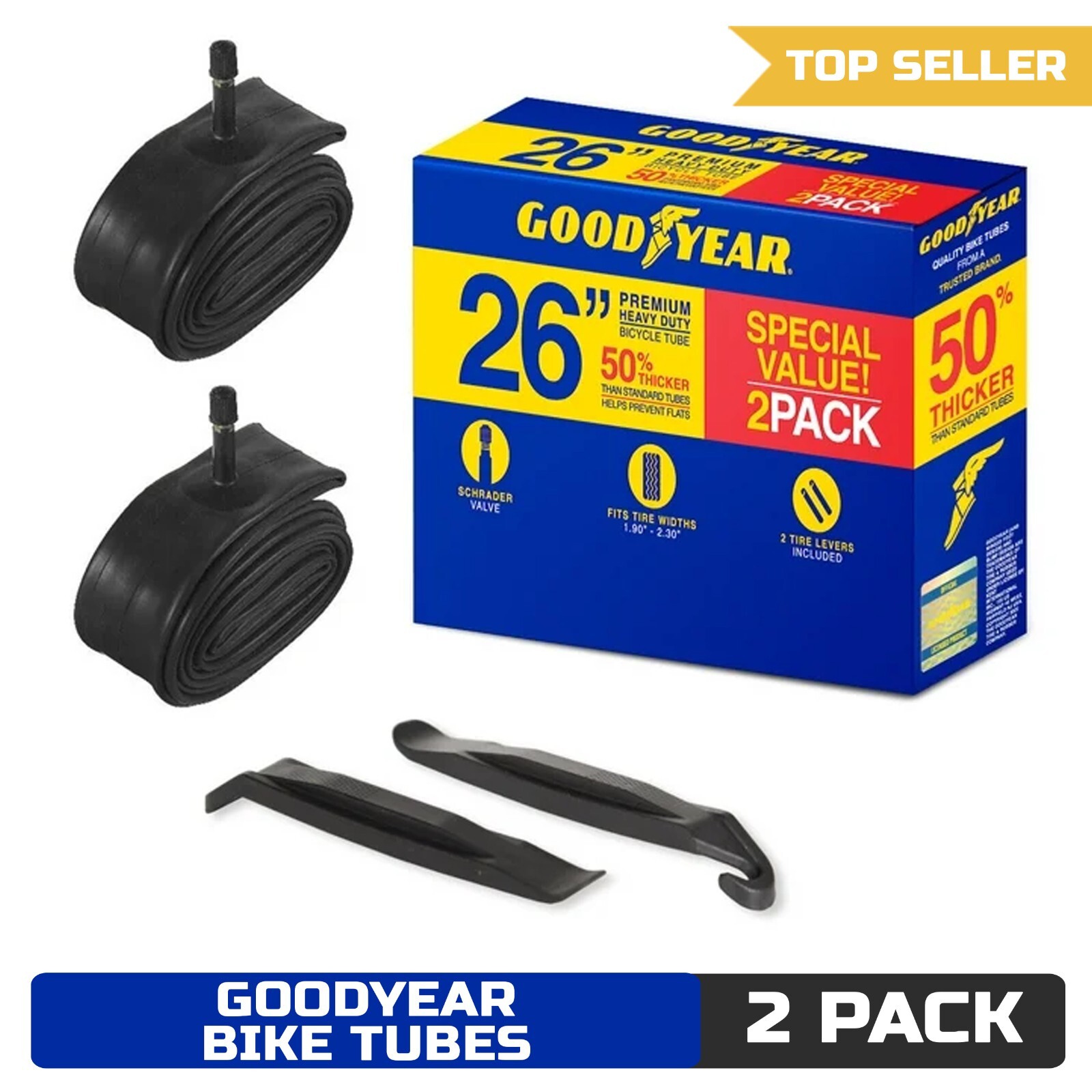 Tubes 26" X 1.9"-2.3" Heavy Duty Bike Tube, 2 Pack With Leve