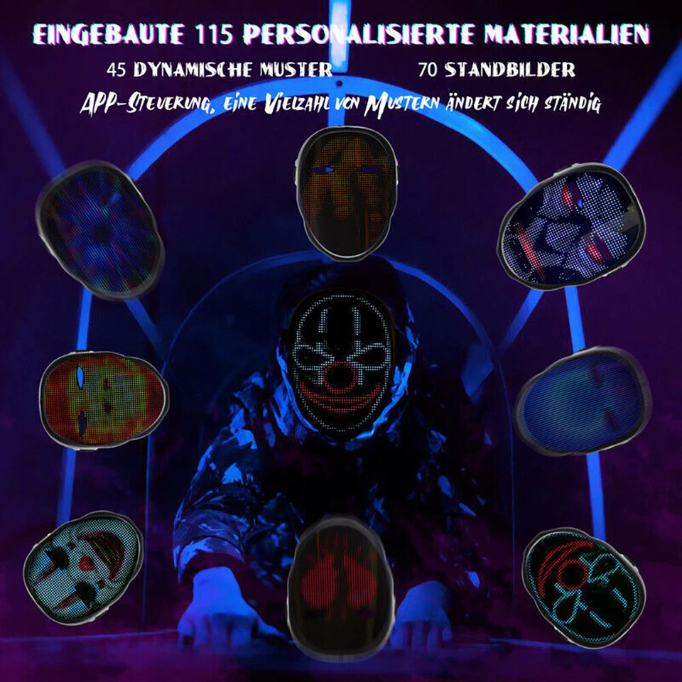 LED Maske Programmierbar App Party Halloween LED Beleuchtung Maske Bluetooth DE - Bild 4 von 4