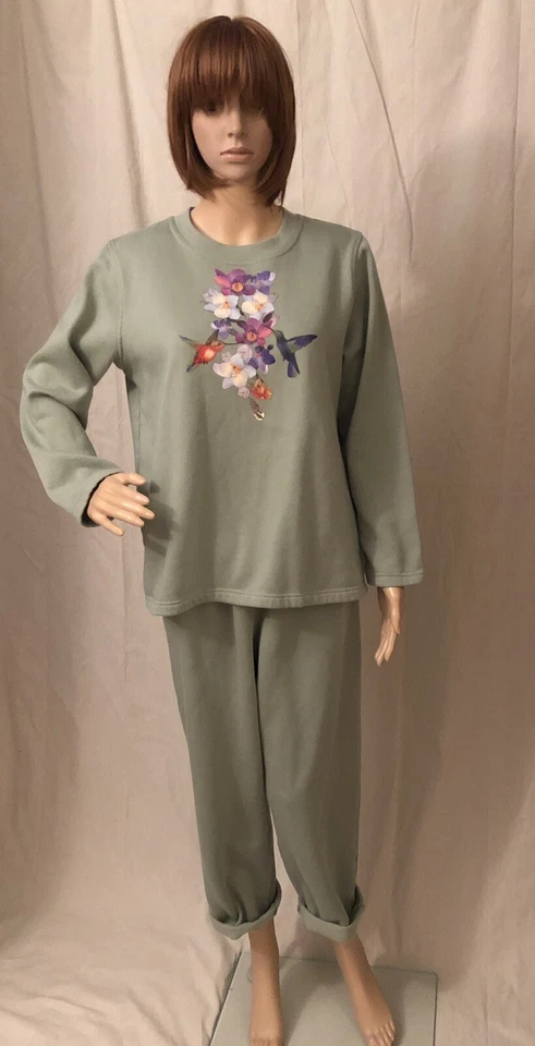 Camisa de moletom e calça de moletom vintage década de 1990 beija-flores verde sálvia malha grande - Imagem 4 de 4