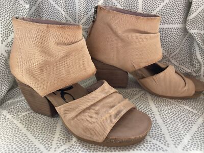 OTBT Sandals Sz 8M Tan Leather Slouch Rear Zip 3  Heels Boho Comfy PATCHOULI EUC