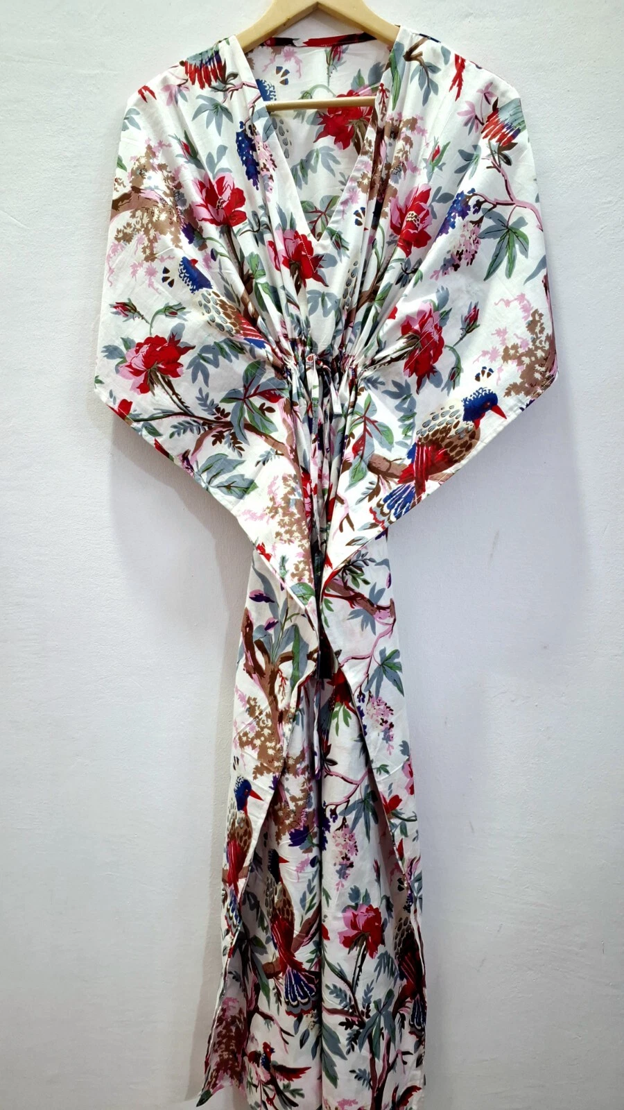 OFF WHITE Maxi abito donna lungo in caftano stampa uccellino bianco sporco loungewear