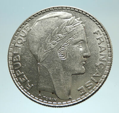 1934 FRANCE Authentic Large Silver 20 Francs Vintage French MOTTO