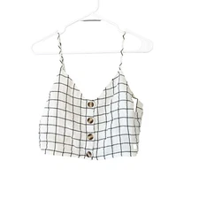 Blu Pepper Womens Black White Cropped Top Large Sleeveless Checkered Button Down