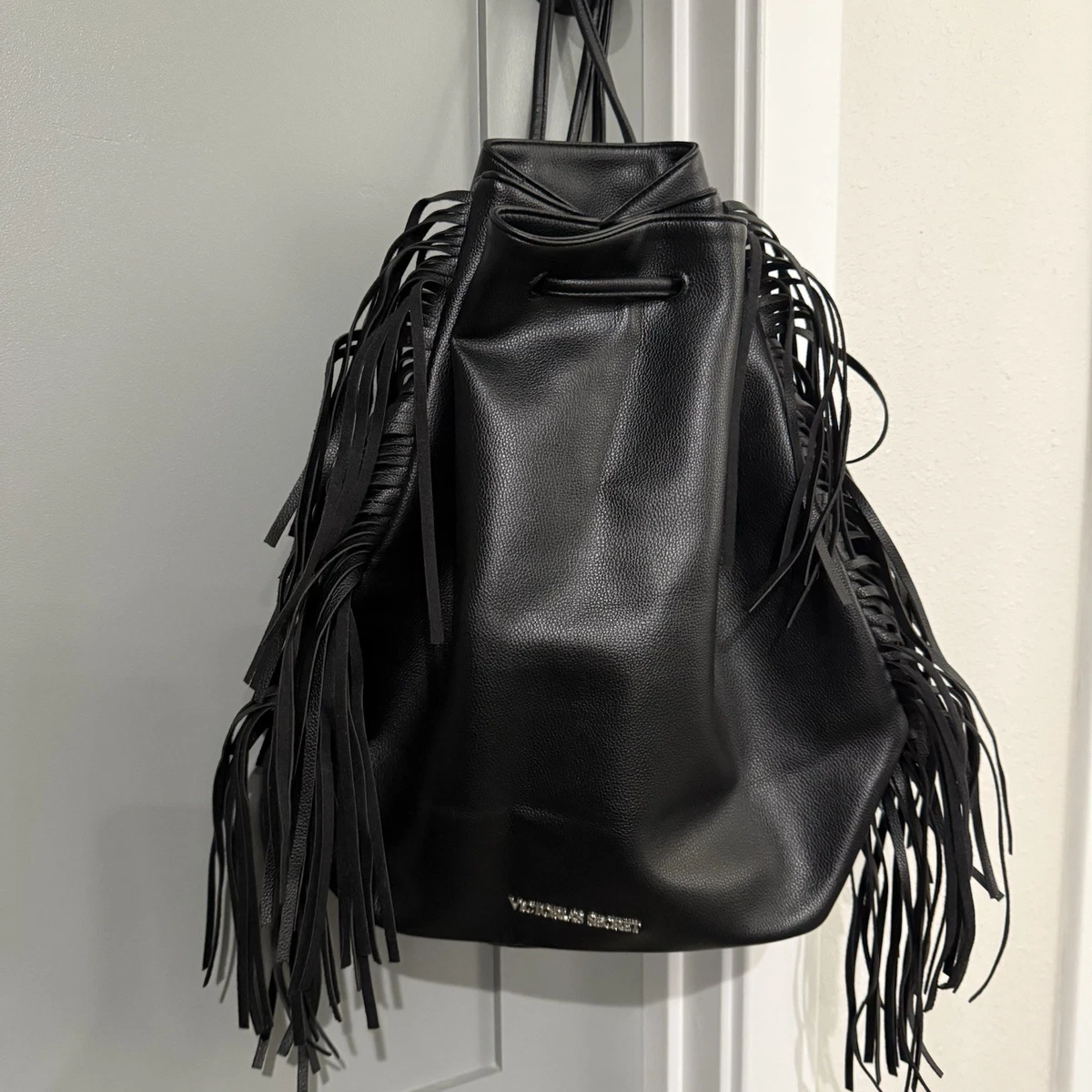 Victoria\'s Secret Black Faux Leather Adjustable Fringe Large Sling Backpack NEW Black Victorias Secret Fringe Backpack NO Zipper/... | Depop main image 4