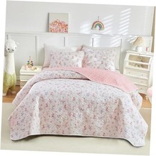 3 Pieces Cotton Quilt Set for Girls, Full/Queen Size Queen-90"x90" Floral Pink