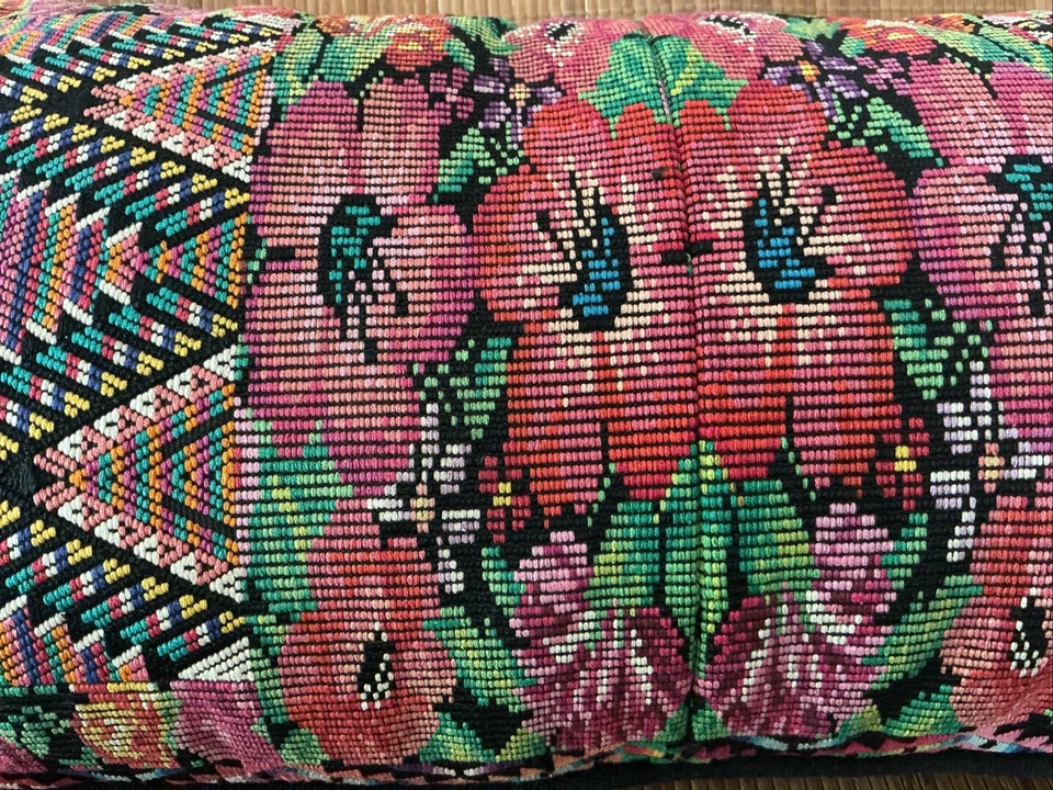 Guatemalan Multicolor pinks And Greens florals Long lumbar Bolster pillow - Image 4 of 4
