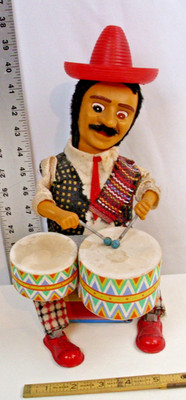 MEXICALI PETE THE DRUM PLAYER TIN BATTERY TOY 1950s ALPS JAPAN WORKS