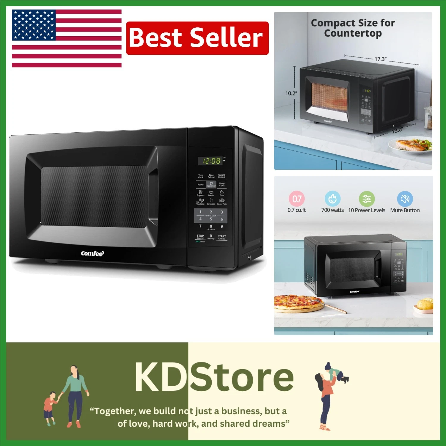 Modern 700W Microwave with Quiet Mute Function, ECO Mode & Stylish Black Finish