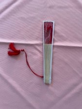 Bamboo Folding Fan With Tassel - 8" - Peacock Feather Design