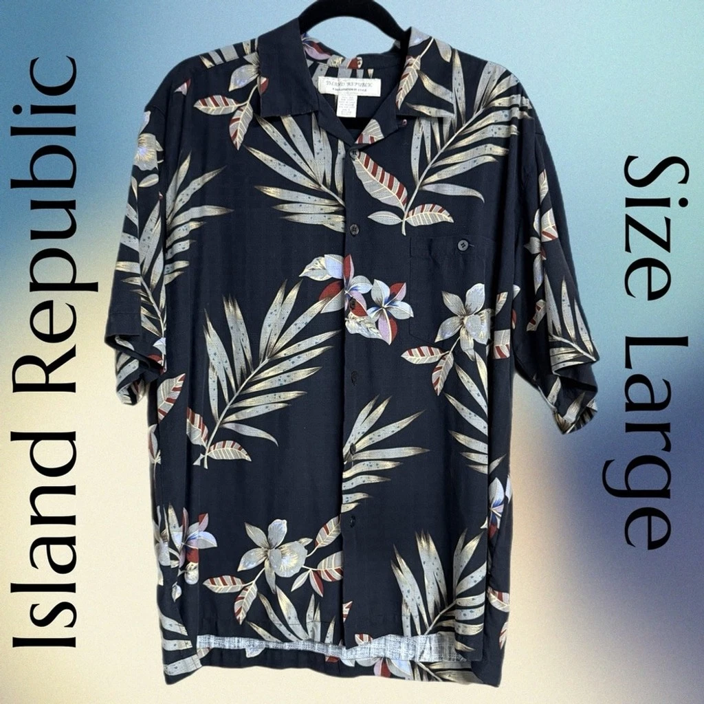 Island Republic - 100% Silk Black Floral Short-Sleeve Button-Down Shirt - Large