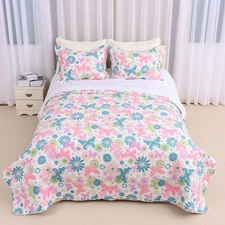 Girls Pink Flower Butterfly Printed Pattern Quilt Bedding All Season(Pink Queen)