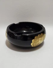 Vintage Ashtray, Moser Style Black Glass With Inlayed Brass, Lady On Horse Scene