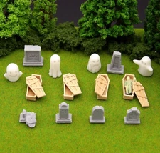 14 pc HO Scale 3D Model Railroad Scary Train Scenery Ghosts, Coffins, Headstones