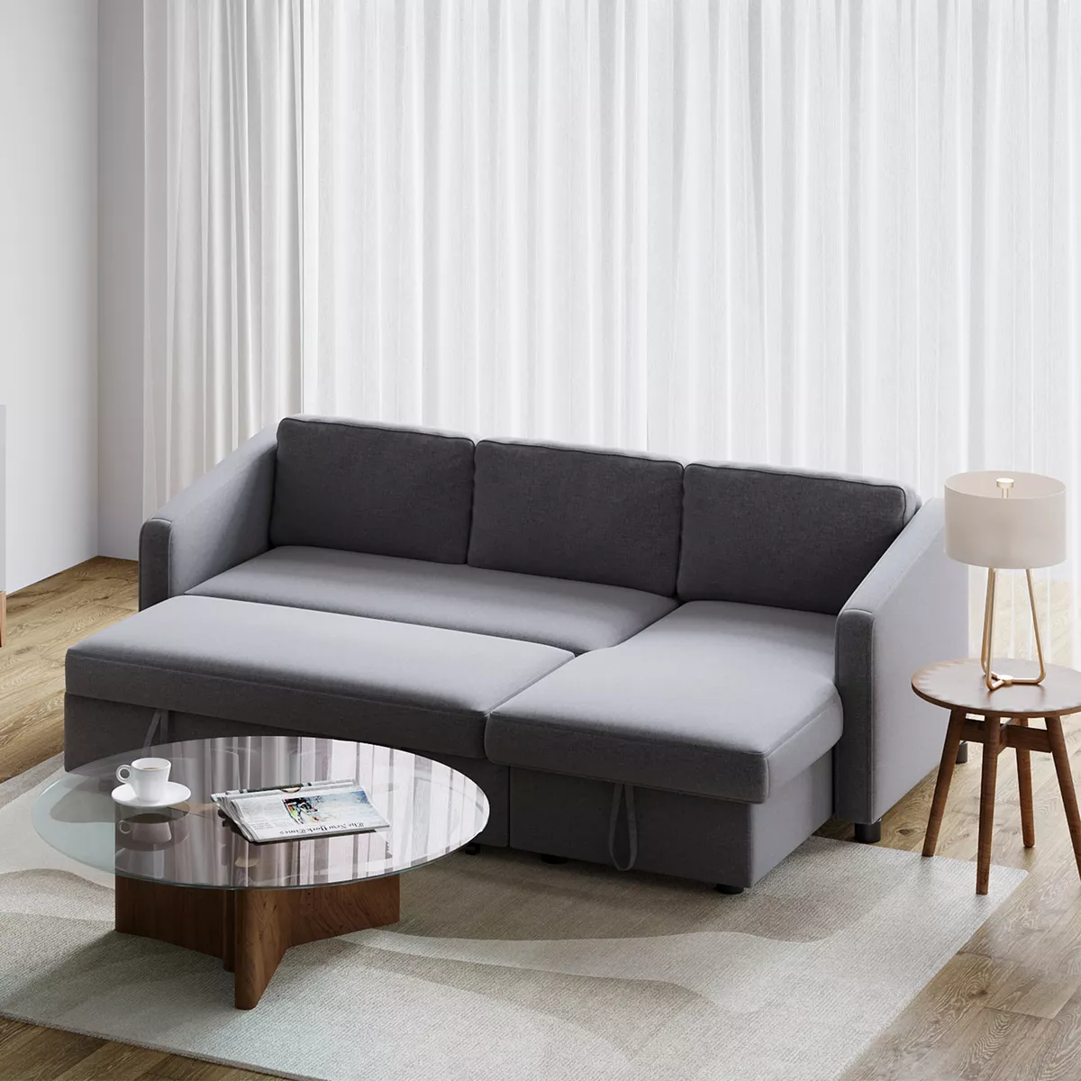 Grey Linen Corner Sofa Bed L Shape