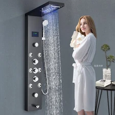 Black Shower Panel Tower System LED Rainfall Waterfall Massage Body Jets Faucet