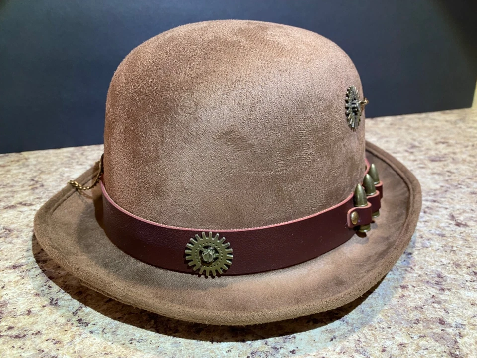 蒸汽朋克德比帽棕色人造麂皮绒男式均码齿轮角色扮演万圣节 — 第 4/4 张图片