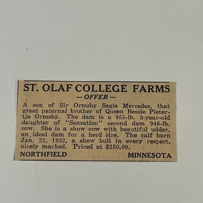 St Olaf College Farms Ormsby Segis Mercedes Northfield MN 1934 Clipping SAH6-S62