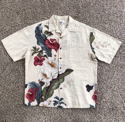 Vintage Iolani Hawaiian Button Up Shirt Men XL Beige Floral Hibiscus Loop Collar