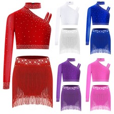 Kids Girls Outfits Crop Top Costume Training Dancewear Irregular Dress Fringe