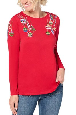 Quacker Factory Women's Decked LongSleeve Sequin Adorned Top Red
