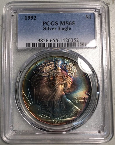 1992 PCGS MS65 Silver Eagle $1 Toned
