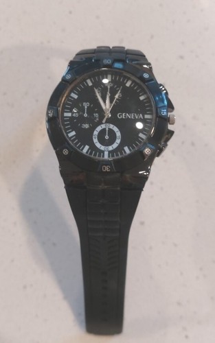 Men's Geneva 7303 Large Watch Needs Battery Black w Black Rubber Strap, 3 dials