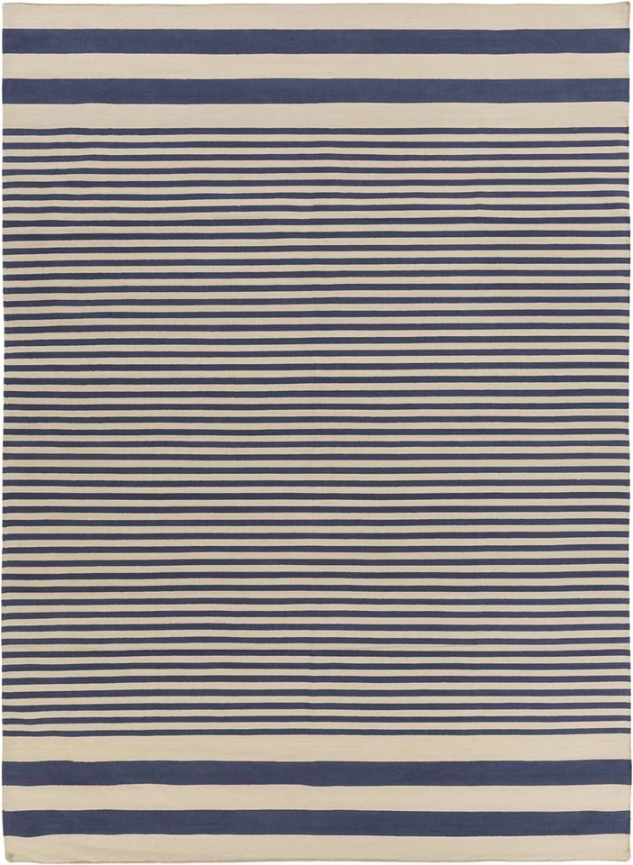 Alfombra de algodón Surya Oxford, 8' x 11', a rayas azul marino/beige - Hecha a mano en la India Foto 2 de 4