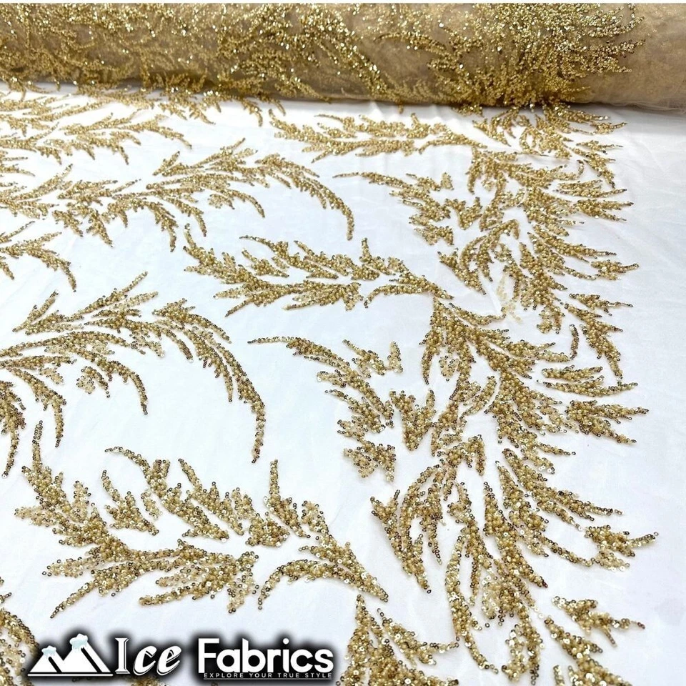 Gold Lace Beaded Fabric By Yard On Mesh Fabric LV - Image 3 of 4