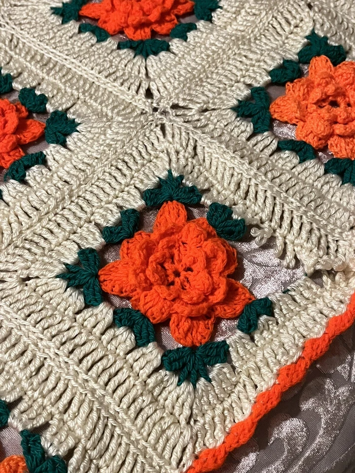 Vintage Crochet Quilt Granny Square Orange  3D Flowers Handmade 90 X 60 - Image 3 of 3