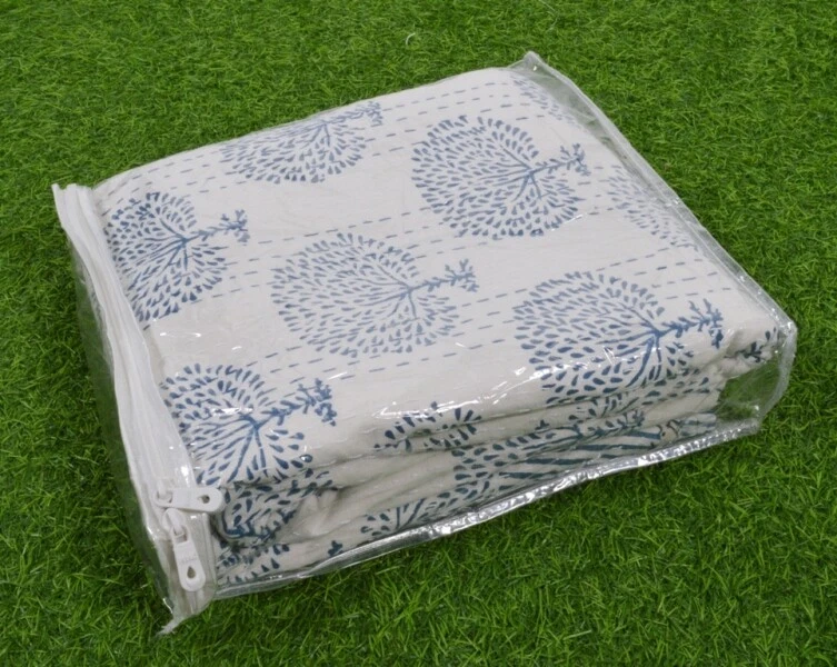 Blue Bed Runner Kantha Quilt Tree Print Ralli Gudri Queen Bedspreads Throw - Image 2 of 4