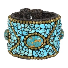 Boho Tribal Cotton Rope Blue Turquoise Stone Brass Wire Cuff Gemstone Bracelet