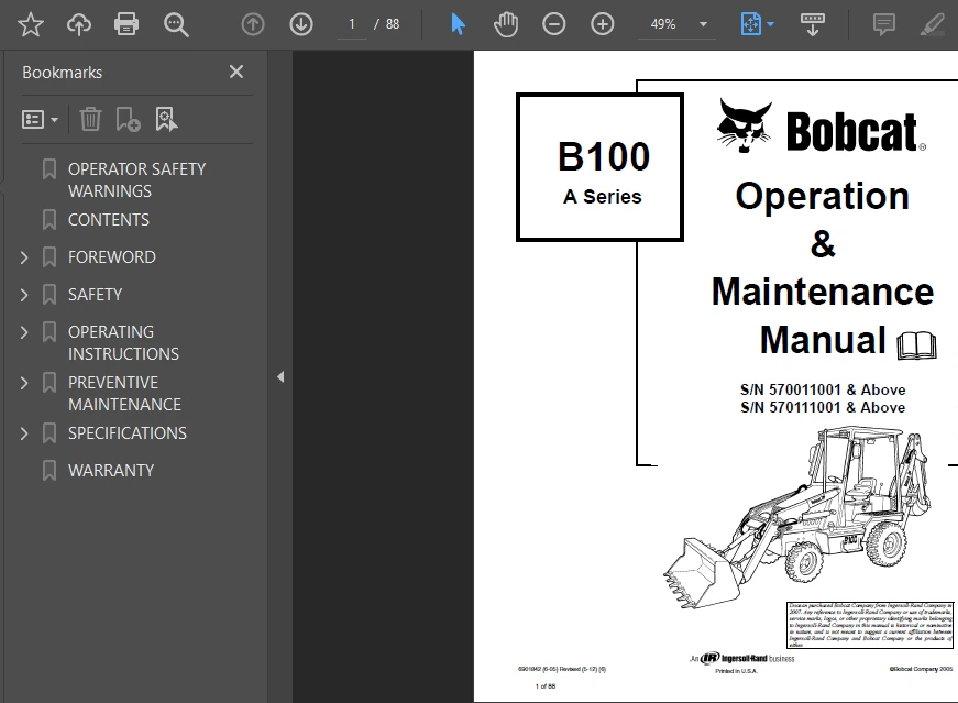 BOBCAT B100 BACKHOE LOADER OPERATORS OWNERS SERVICE REPAIR SHOP MANUAL PDF USB - Image 2 of 4