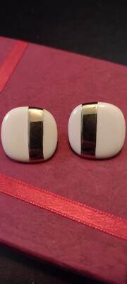 Vintage Rounded Square White Enamel with Solid Goldtone Stripe Pierced Earrings